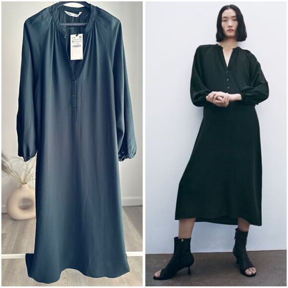 FLOWY MIDI DRESS DARK GREEN XL NEW - Picture 1 of 5
